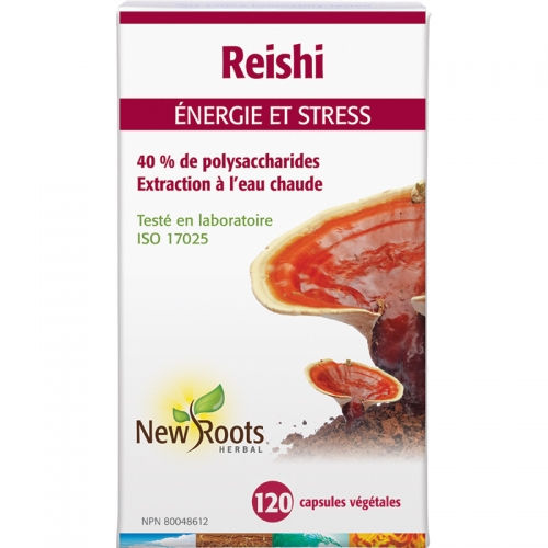 Reishi 40 % de polysaccharides · 500 mg par capsule - New Roots Herbal , Extrait de reishi, polysaccharides, énergie, endurance, cholestérol, bien-être cardiovasculaire, New Roots Herbal, Ganoderma lucidum.